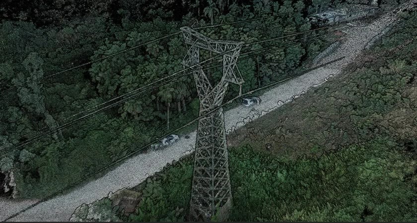 A real ZBR LiDAR point cloud of a transmission tower, coloured by height