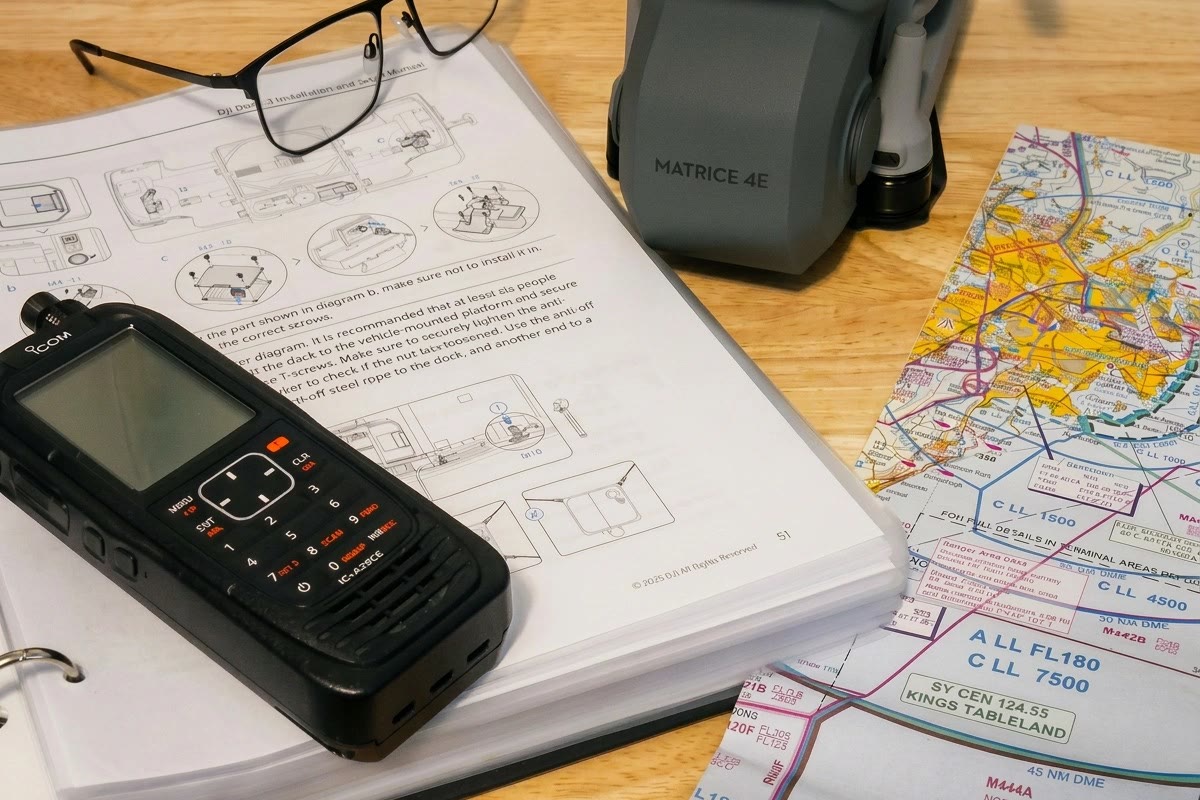 Flight planning on the bench: airspace charts, the radio, the manual and the Matrice case