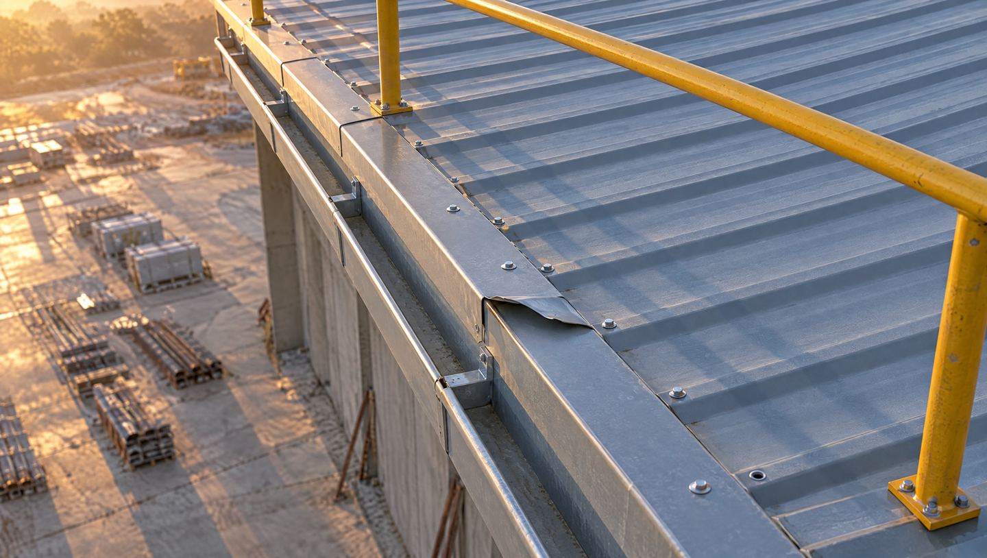 Example: close aerial view of a steel roof edge with a lifted flashing