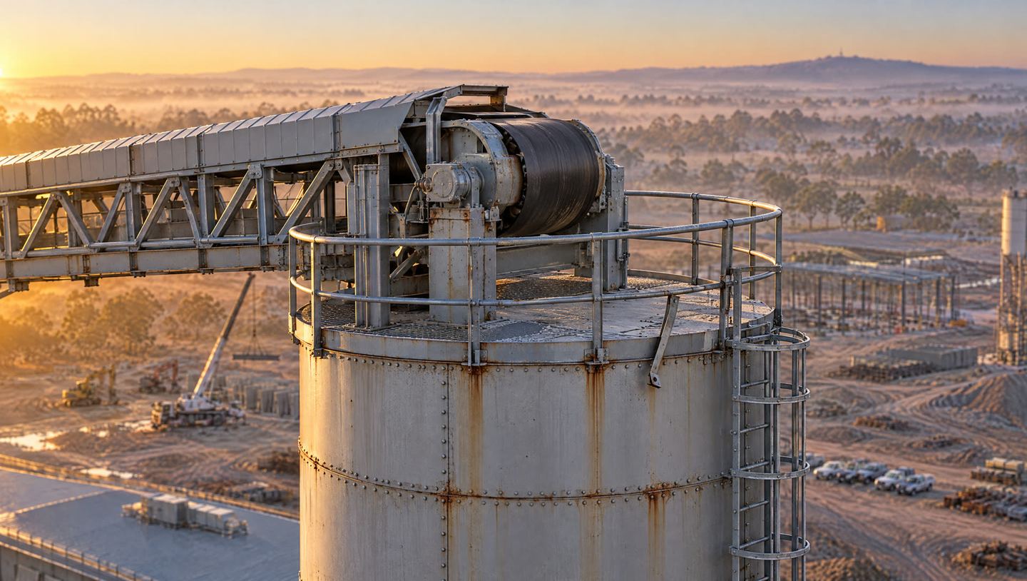 Example: close aerial view of the top of a silo and conveyor